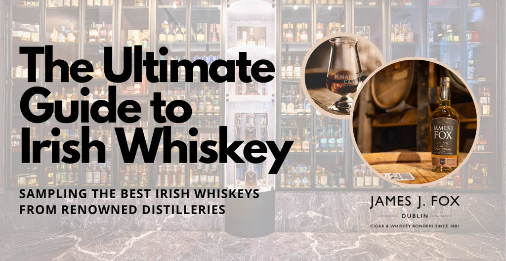 Cover image for The Ultimate Guide to Irish Whiskey by James J. Fox, featuring a selection of top Irish whiskey bottles, showcasing brands and distilleries from Ireland.